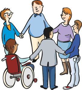 Eine Gruppe von Menschen mit und ohne sichtbare Behinderungen steht zusammen in einem Kreis und hält sich gemeinsam an den Händen