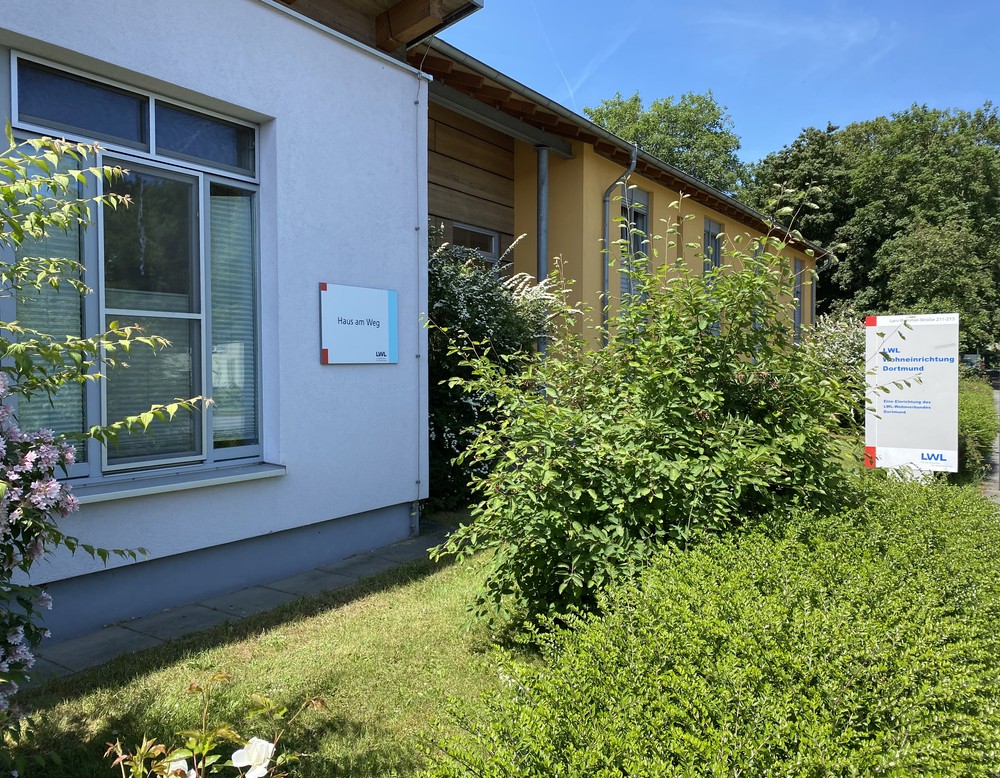 Eingangsbereich eines Hauses. Im vorderen Bereich ein blauer, im hinteren Bereich eine gelber Anstrich, Im Vordergrund grüne Büsche