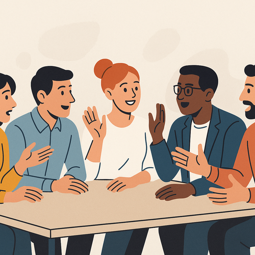 Mehrere Personen sitzen an einem Tisch und diskutieren lebhaft miteinander (grafische Darstellung)