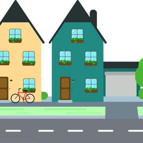 Zwei Häuser mit gelber und grüner Fassade vor blauem Hintergrun. Vor dem linken Haus ist ein Fahrrad angelehnt, grafisch dargestellt