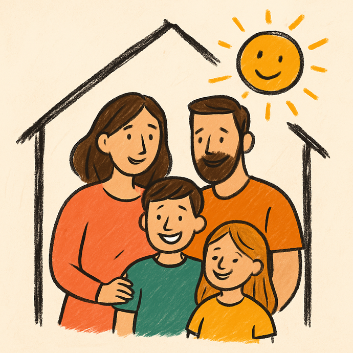 Ein Haus, darin eine Familie, grafisch dargestellt