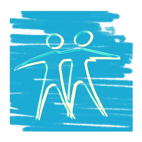 Zwei grafische dargestellte Personen, welche sich gegenseitig ihren Arm auf die Schulter des Andren legen,  auf blauem Hintergrund